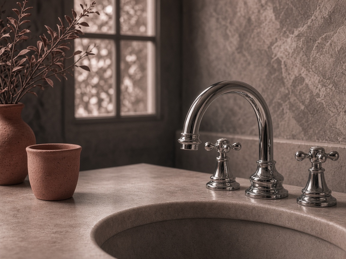Chrome faucet fixture on warm stone countertop