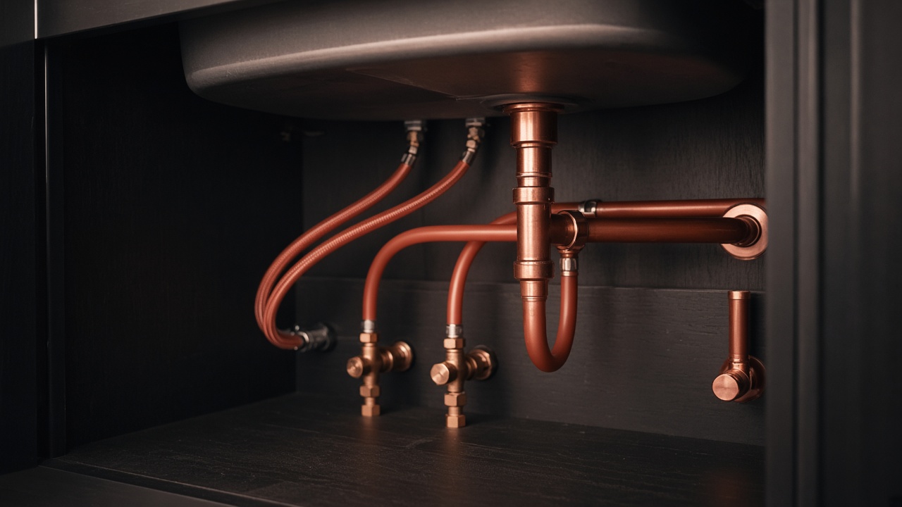 Under-sink copper pipe routes in a dark cabinet